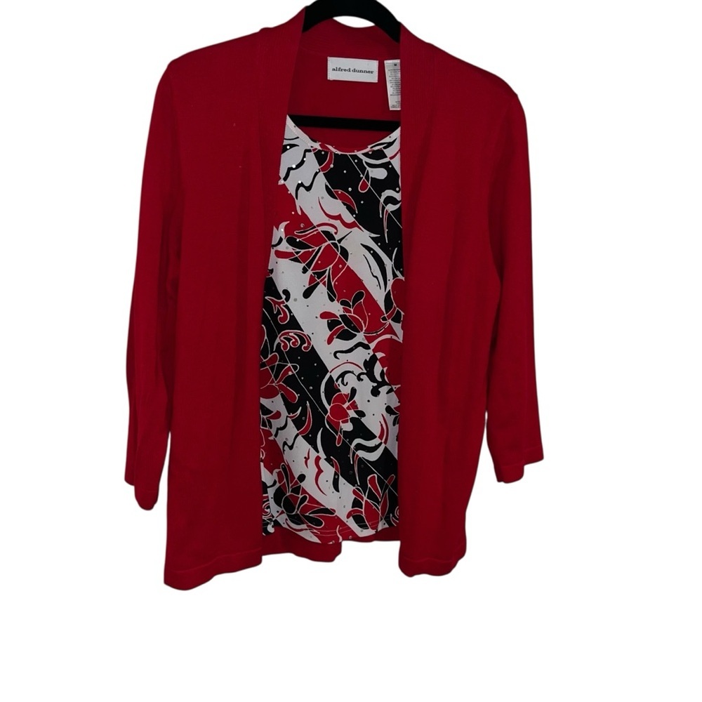 Vintage Alfred dunner red cardigan faux twinset sweater M grandma 90s Y2K